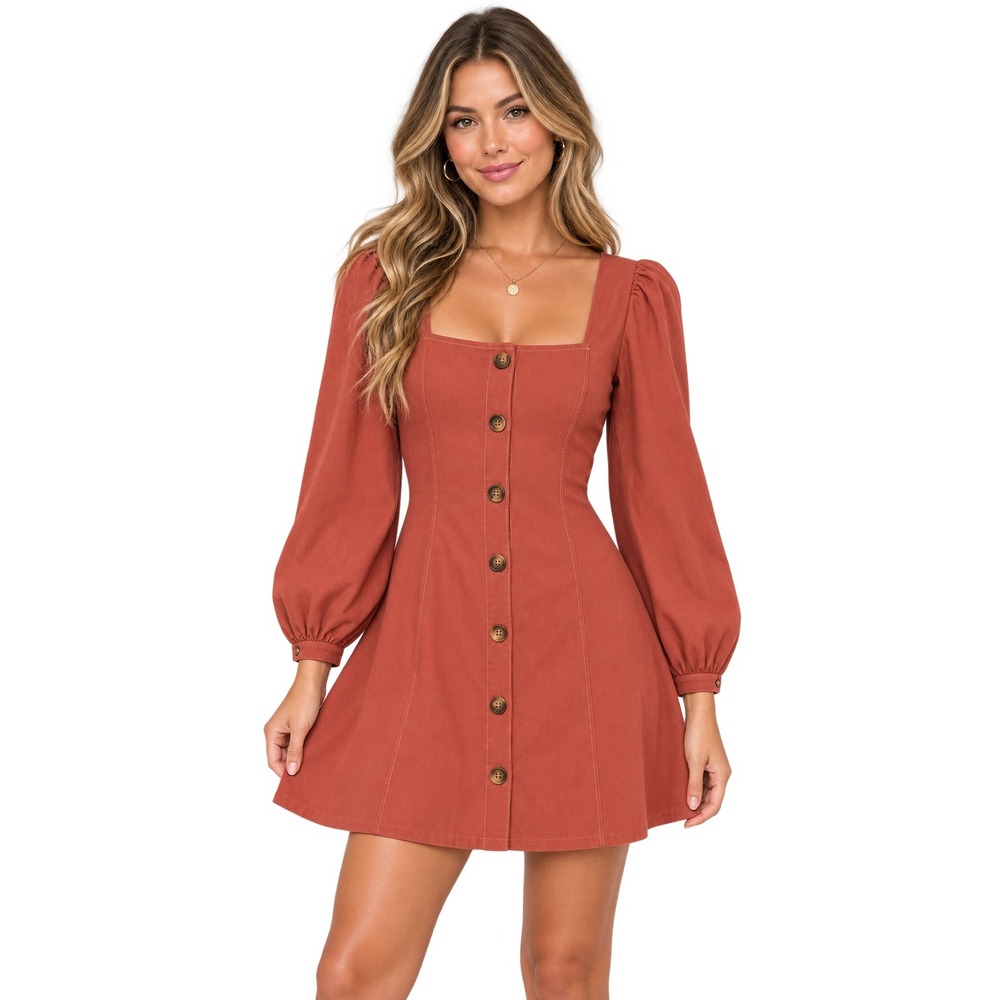 NWT D.ARK Rust Terracotta Square Neck Button Front Puff Sleeve Mini Dress Small
